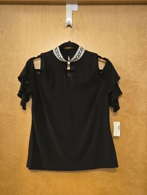 Roz & Ali Black Cold-Shoulder Top with Beaded Collar